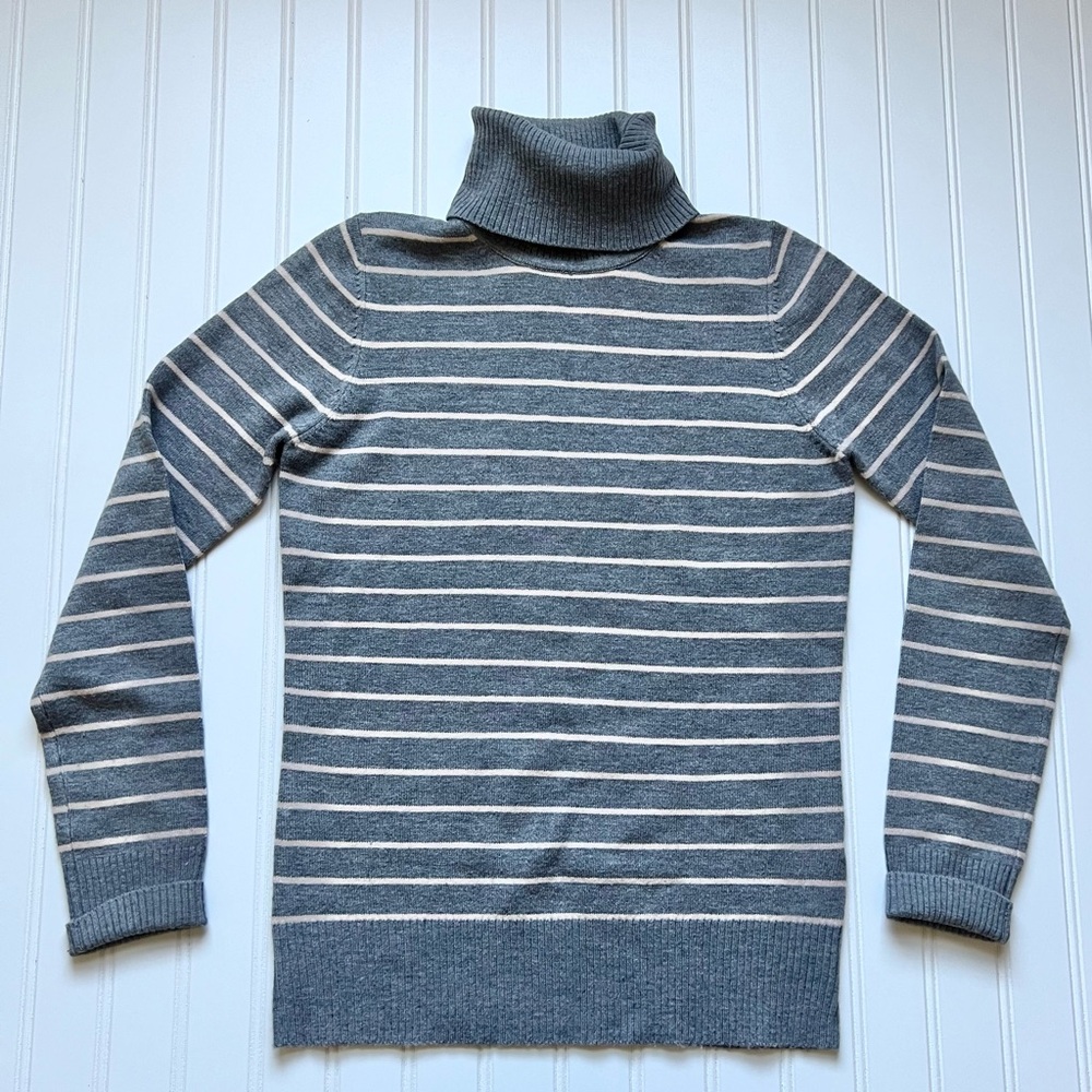 French Connection Gray Striped Turtleneck Sweater Classic Chic Closet Staple